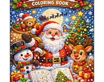 Może przedstawiać: Okładka kolorowanki świątecznej z Mikołajem, bałwanem i reniferem. Widoczny napis "Christmas Coloring Book". Scena zawiera choinkę, prezenty i laski cukrowe, wszystko w zimowej scenerii.