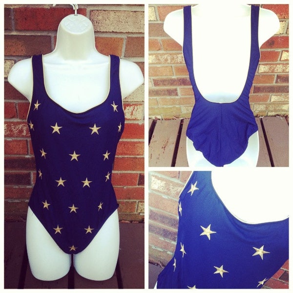 Vtg 80s Sailor Girl Nautical Star Bodycon Onesie Body Suit Bathing Suit