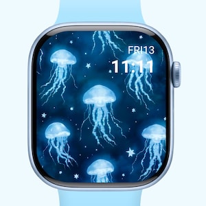 May include: A light blue smartwatch with a screen showing a dark blue background with glowing jellyfish and stars. The time is 11:11, and the date is Fri13. The watch has a light blue strap.