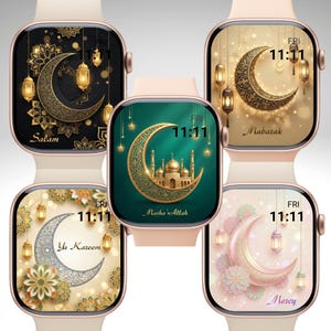 May include: Five smartwatches with various Islamic-themed watch faces. Each watch face features a crescent moon design with gold accents, lanterns, and Arabic text. The watch faces have different color schemes, including black, green, gold, and pink. The time displayed is 11:11.