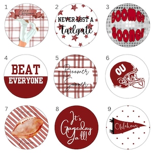 May include: A collection of nine circular designs with various graphics and text. Designs include a football, a helmet, and phrases like "Boomer Sooner" and "It's Gameday Ya'll!" in red and white. The theme is college football.