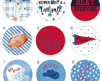 May include: A collection of nine round designs with various Ole Miss-themed graphics. Designs include text like "Beat Everyone," "Hotty Toddy," and "Ole Miss." Other designs feature a football, a cowboy hat, and a football helmet.