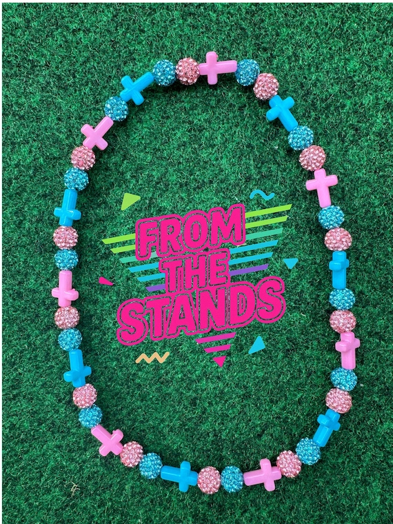 Pink & Blue Baseball Sports Drip Rhinestone Beaded Necklace
