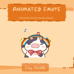 Animated Cow Music Emote for Twitch Discord and Chat | Kawaii Chibi Cow GIF with Headphones Raised Hands and Music Notes