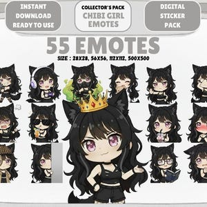 Può includere: Un pacchetto di adesivi digitali con 55 emote di ragazze chibi. Le emote mostrano una ragazza anime dai capelli neri con orecchie da gatto in varie pose, tra cui tenere una pistola, indossare le cuffie e gli occhiali da sole. Il testo recita "DOWNLOAD IMMEDIATO PRONTO ALL'USO".