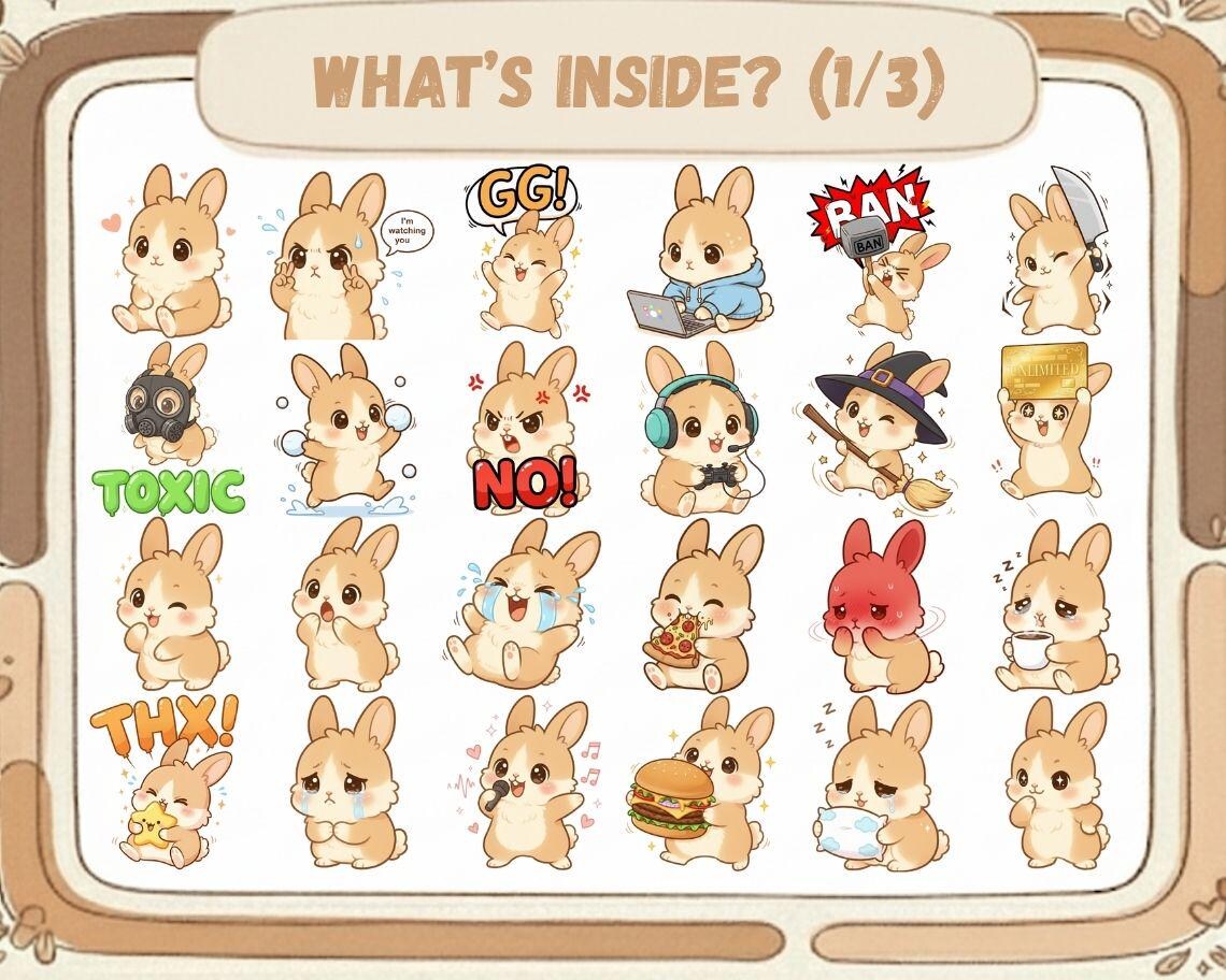 Wicked Rabbit Emotes 50 Kawaii Rabbit Emotes PNG Pack: Chibi Twitch Discord (digital ...
