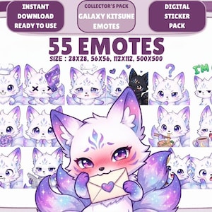 Könnte beinhalten: Ein digitales Sticker-Paket mit 55 Galaxy-Kitsune-Emotes in verschiedenen Posen. Der Text lautet: INSTANT DOWNLOAD READY TO USE, COLLECTOR'S PACK GALAXY KITSUNE EMOTES, 55 EMOTES, SIZE: 28X28, 56X56, 112X112, 500X500 und I'M OUT.