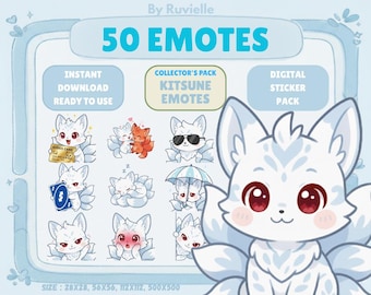 50 Kawaii Kitsune Emotes PNG Pack: Chibi Twitch Discord Emotes (Digital Download)