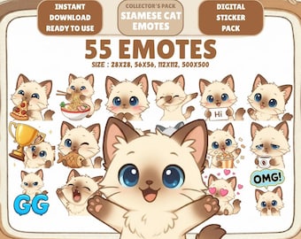 55 Kawaii Siamese Cat Emotes PNG Pack: Chibi Twitch Discord Emotes (Digital Download)