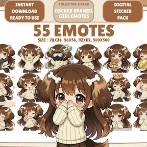 May include: Digital sticker pack featuring 55 Cocker Spaniel girl emotes. The emotes are in various poses and expressions, including holding a teddy bear, wearing a crown, and holding a weapon. The size of the emotes is 28x28, 56x56, 112x112, and 500x500 pixels.