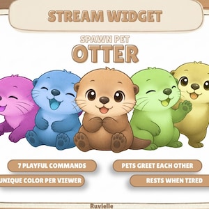 May include: A digital graphic titled STREAM WIDGET SPAWN PET OTTER featuring five cartoon otters in pink, blue, brown, green, and yellow. Text includes 7 PLAYFUL COMMANDS, PETS GREET EACH OTHER, UNIQUE COLOR PER VIEWER, and RESTS WHEN TIRED.