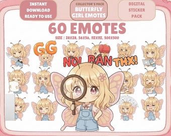 60 Kawaii Butterfly Girl Emotes: Chibi Twitch Discord (Digital Download)
