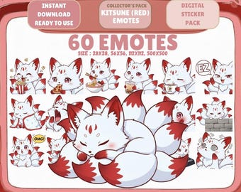 60 Kawaii Red Kitsune Emotes PNG Pack: Chibi Twitch Discord Emotes (Digital Download)