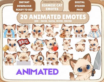 20 Animated Siamese Cat Emotes GIF Pack: Chibi Twitch Discord Emotes (Digital Download)