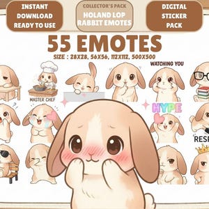 Op de afbeelding: Een digitaal stickerpakket met 55 Holland Lop konijn emotes. De emotes tonen verschillende uitdrukkingen en acties, waaronder een chef-kok, een bril dragen en een kroon vasthouden. De stickerformaten zijn 28x28, 56x56, 112x112 en 500x500 pixels.