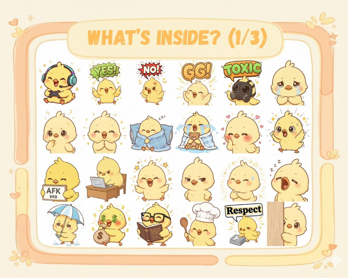 50 種類のかわいいひよこの絵文字 PNG パック: ちび Twitch Discord 絵文字 (デジタルダウンロード)