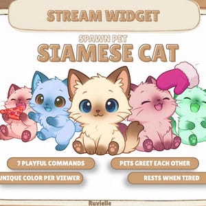 May include: A digital illustration of five cartoon Siamese cats in different colours. The image includes text that reads "Stream Widget," "Spawn Pet," and "Siamese Cat." Additional text describes features like "7 Playful Commands" and "Unique Colour Per Viewer."
