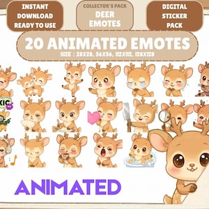 May include: A digital sticker pack with 20 animated deer emotes, each depicting different emotions and activities. The emotes include crying, holding a heart, and wearing headphones. The image text says "Instant Download, Ready to Use" and "Animated".