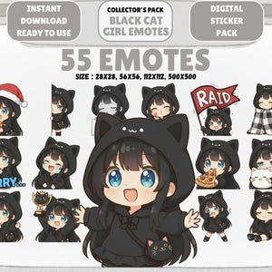 Può includere: Pacchetto di adesivi digitali con 55 emote di ragazze gatto nero. Le emote mostrano varie espressioni e pose, come tenere un regalo, un trofeo e una pizza. La parola "RAID" è visibile su una bandiera. Le dimensioni delle emote sono 28x28, 56x56, 112x112 e 500x500.