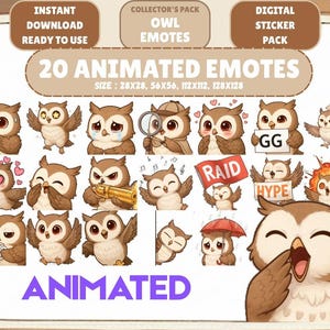 May include: A digital sticker pack with 20 animated owl emotes. The owls display different emotions and hold objects such as a magnifying glass, a sign saying "GG", and a red umbrella. The word "ANIMATED" is at the bottom.
