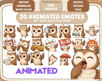 20 Animated Kawaii Owl Emotes GIF Pack: Chibi Twitch Discord Emotes (Digital Download)