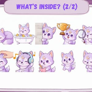 May include: A collection of cartoon images of a purple wolf with a crescent moon on its forehead. The wolf is shown in various poses, including sleeping, bathing, holding a trophy, and wearing headphones. The text "WHAT'S INSIDE? (2/2)" is at the top.