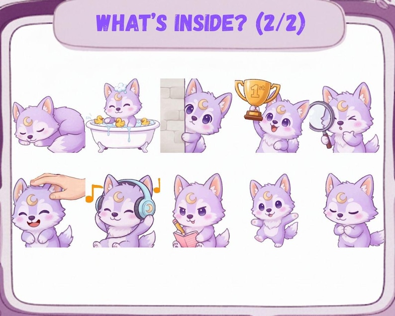 May include: A collection of cartoon images of a purple wolf with a crescent moon on its forehead. The wolf is shown in various poses, including sleeping, bathing, holding a trophy, and wearing headphones. The text "WHAT'S INSIDE? (2/2)" is at the top.