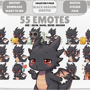 以下が含まれることがあります： 55種類の黒いドラゴンの絵文字が収録されたデジタルステッカーパック。絵文字は、クレジットカードを持ったり、ヘッドホンをつけたり、ポップコーンを食べたりするなど、さまざまな表情や活動を描いています。画像には「すぐにダウンロードして使用できます」と書かれています。