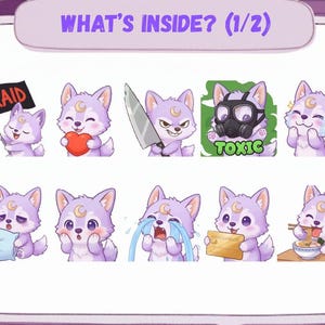 May include: A collection of cartoon wolf stickers with various expressions and props. The stickers feature a purple wolf with a crescent moon on its forehead. The text "WHAT'S INSIDE? (1/2)" is at the top.