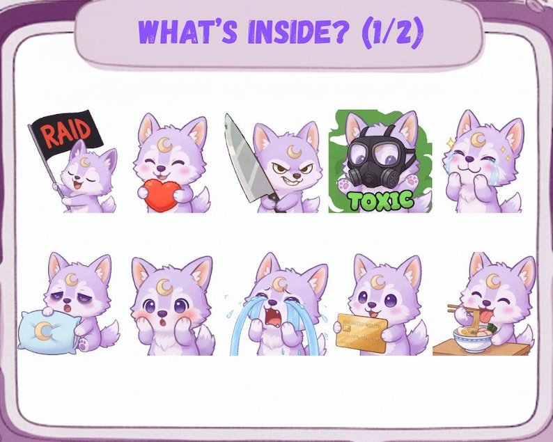 May include: A collection of cartoon wolf stickers with various expressions and props. The stickers feature a purple wolf with a crescent moon on its forehead. The text "WHAT'S INSIDE? (1/2)" is at the top.