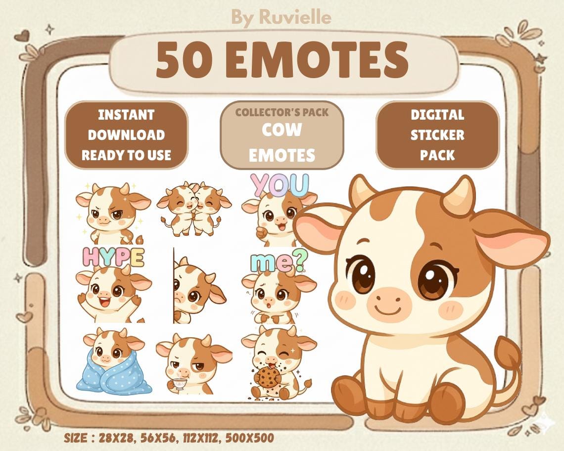 50 émoticônes vache kawaii : autocollants Chibi Gamer, pack d'émojis Twitch Discord (téléchargement numérique)