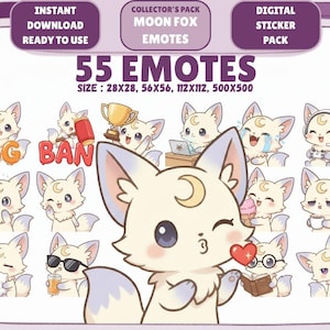 May include: A digital sticker pack featuring 55 Moon Fox emotes. The emotes showcase a cute fox with a crescent moon design, expressing various emotions. The image includes text that says "Instant Download Ready to Use" and "Digital Sticker Pack".