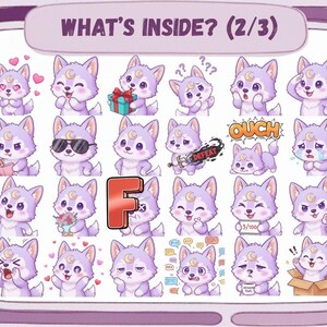 May include: A digital illustration featuring a collection of cartoon wolf stickers with various expressions and poses. The wolves are primarily purple with crescent moon accents. Text at the top reads "WHAT'S INSIDE? (2/3)" and a large letter "F" is also present.