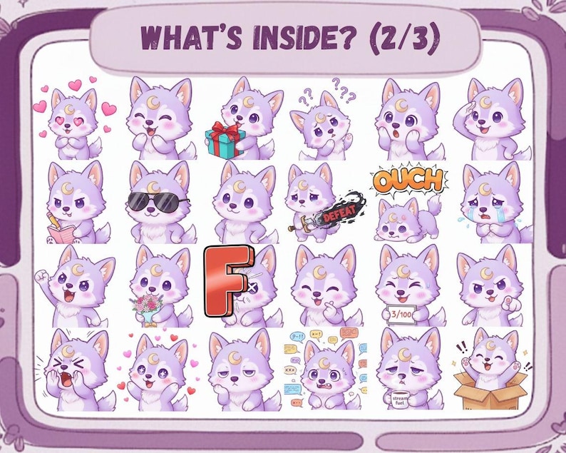 May include: A digital illustration featuring a collection of cartoon wolf stickers with various expressions and poses. The wolves are primarily purple with crescent moon accents. Text at the top reads "WHAT'S INSIDE? (2/3)" and a large letter "F" is also present.