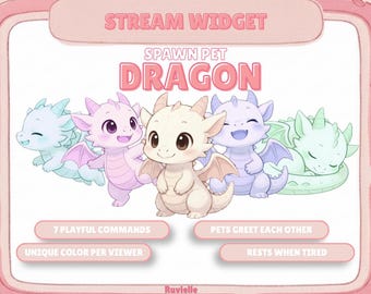 May include: A digital stream widget graphic featuring five cartoon dragons in pastel colors. Text reads: STREAM WIDGET, SPAWN PET, DRAGON, 7 PLAYFUL COMMANDS, PETS GREET EACH OTHER, UNIQUE COLOR PER VIEWER, RESTS WHEN TIRED, and the brand name Ruvielle.