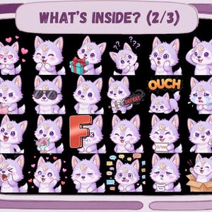 May include: A digital art print featuring a collection of cartoon wolf stickers in various poses and expressions. The stickers are primarily purple with a crescent moon on their foreheads. The text "WHAT'S INSIDE? (2/3)" is at the top.