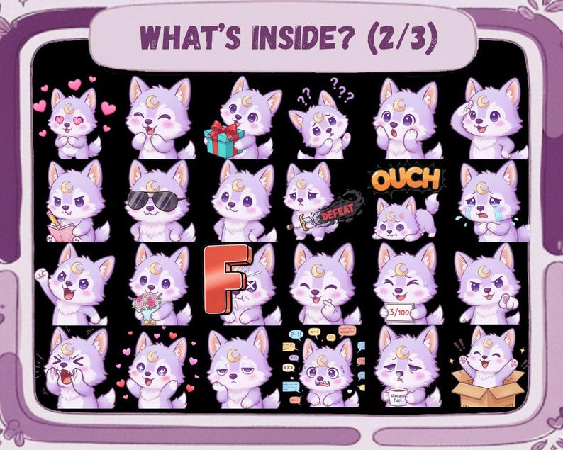 May include: A digital art print featuring a collection of cartoon wolf stickers in various poses and expressions. The stickers are primarily purple with a crescent moon on their foreheads. The text "WHAT'S INSIDE? (2/3)" is at the top.