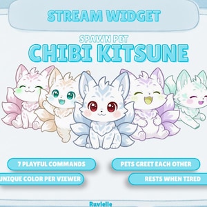 May include: A digital stream widget graphic titled STREAM WIDGET SPAWN PET CHIBI KITSUNE featuring five illustrated fox-like creatures in pastel colors. Text includes 7 PLAYFUL COMMANDS, PETS GREET EACH OTHER, UNIQUE COLOR PER VIEWER, and RESTS WHEN TIRED.