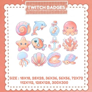 Puede incluir: Un conjunto de 12 insignias de Twitch con criaturas acuáticas y elementos náuticos. Las insignias incluyen una concha, un delfín, un pulpo, una estrella de mar, un pez, un ancla, coral, una medusa, una almeja y una tortuga. Texto: "TWITCH BADGES".