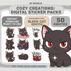 Op de afbeelding: Digitale stickerpakket met zwarte kat emotes. De afbeelding toont cartoon zwarte katten met rode ogen in verschillende poses. Tekst op de afbeelding luidt "COZY CREATIONS: DIGITAL STICKER PACKS" en "BLACK CAT EMOTES".