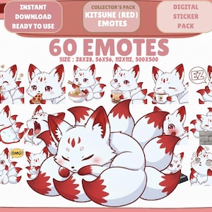 60 kawaii röda kitsune-emotes i PNG-format: Chibi, Twitch, Discord-emotes (digital nedladdning)