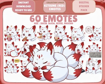 Pakiet 60 Kawaii Red Kitsune w formacie PNG: Chibi Twitch Discord Emotes (pobieranie cyfrowe)