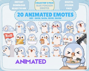 Pode incluir: Um pacote de adesivos digitais com 20 emotes de pinguins azuis animados. Os emotes exibem várias expressões e ações, incluindo choro, raiva e comer ramen. O texto inclui "Download instantâneo" e "Animado".