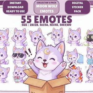 Puede incluir: Un paquete de pegatinas digitales con 55 emoticonos de Moon Wolf. Los emoticonos muestran un lobo morado con una luna creciente, en varias poses y expresiones. El paquete incluye el texto "Descarga instantánea lista para usar".