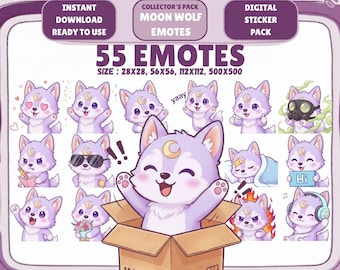 55 Kawaii Moon Wolf Emotes PNG Pack: Chibi Twitch Discord Emotes (Digital Download)
