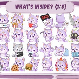 May include: A collection of cartoon wolf stickers in various poses and with different accessories. The stickers are in shades of purple and gray, with a crescent moon on their foreheads. Some stickers have text, including "LIKE", "RAID", "AFK", and "Hi". The text "WHAT'S INSIDE? (1/3)" is at the top.