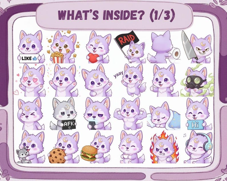 May include: A collection of cartoon wolf stickers in various poses and with different accessories. The stickers are in shades of purple and gray, with a crescent moon on their foreheads. Some stickers have text, including "LIKE", "RAID", "AFK", and "Hi". The text "WHAT'S INSIDE? (1/3)" is at the top.
