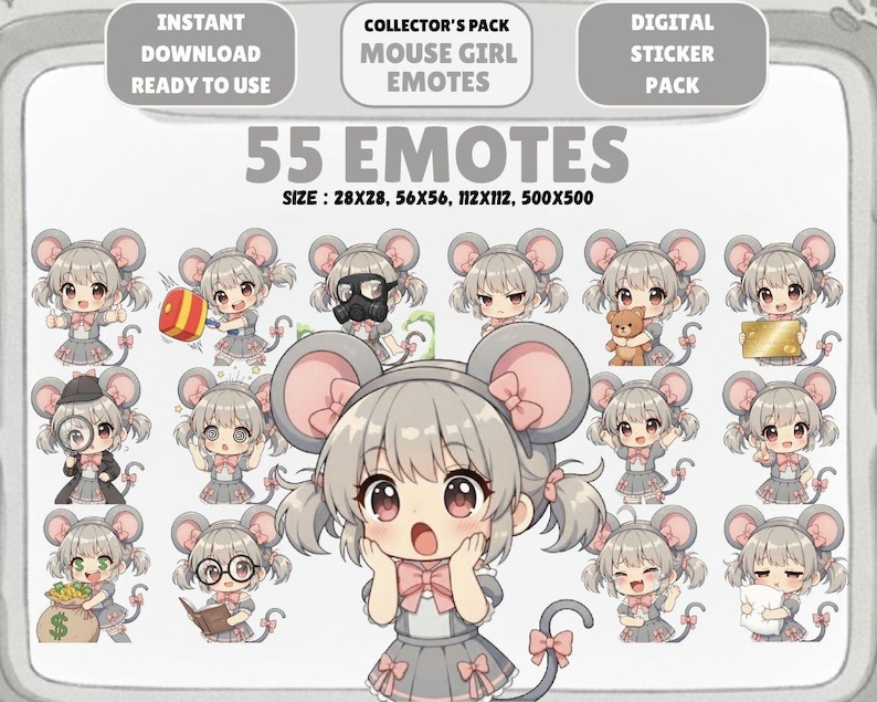 Mouse Emotes 55 Kawaii Gray Mouse Girl Emotes PNG Pack: Chibi Twitch Discord Emotes ...