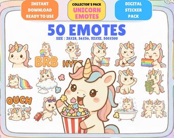 May include: A digital sticker pack featuring 50 unicorn emotes in various poses and expressions. The emotes include text such as "BRB" and "OUCH". The image also includes the text "INSTANT DOWNLOAD READY TO USE" and "COLLECTOR'S PACK UNICORN EMOTES".