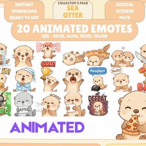 Puede incluir: Un paquete de pegatinas digitales con 20 emoticonos animados de nutrias marinas, cada uno con una expresión y pose diferente. Los emoticonos incluyen texto como "ACHOO" y "BAN". El paquete está etiquetado como "COLLECTOR'S PACK SEA OTTER".